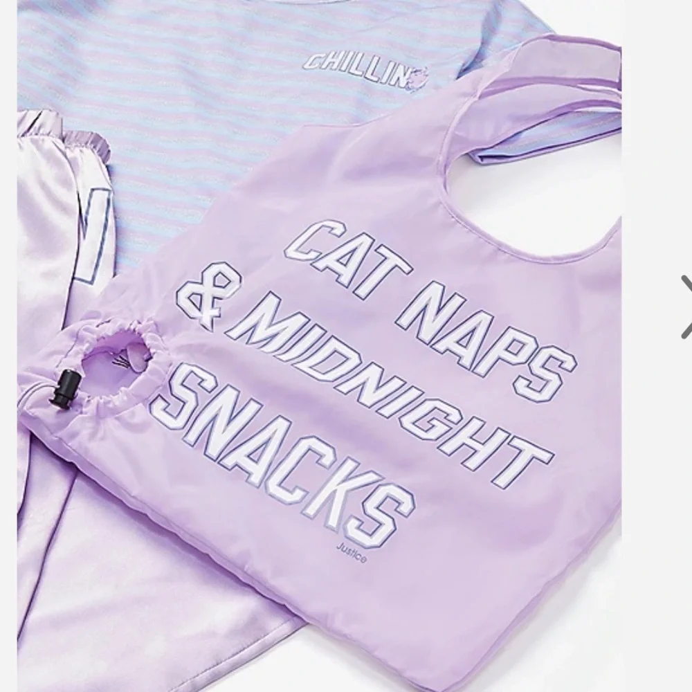 NWT  justice girl chillin cat & pajama bag sz 6 youth silky purple - Picture 2 of 4